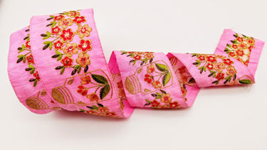 Pink Art Silk Trim With Floral Embroidery & Sequins, Red, Green And Gold Flower Embroidered Trim